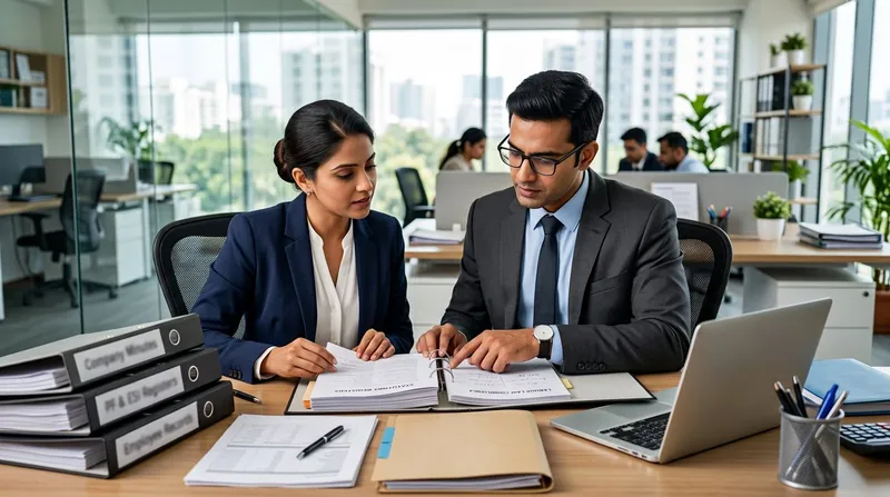 Compliance professionals reviewing labour law registers and statutory documents